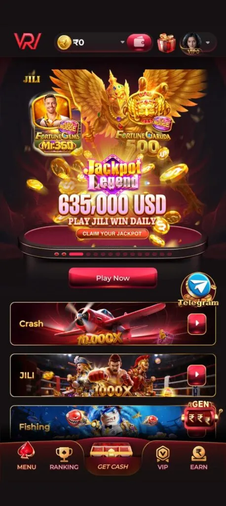 Rajwin mobile app dashboard showing gaming platform and user login section