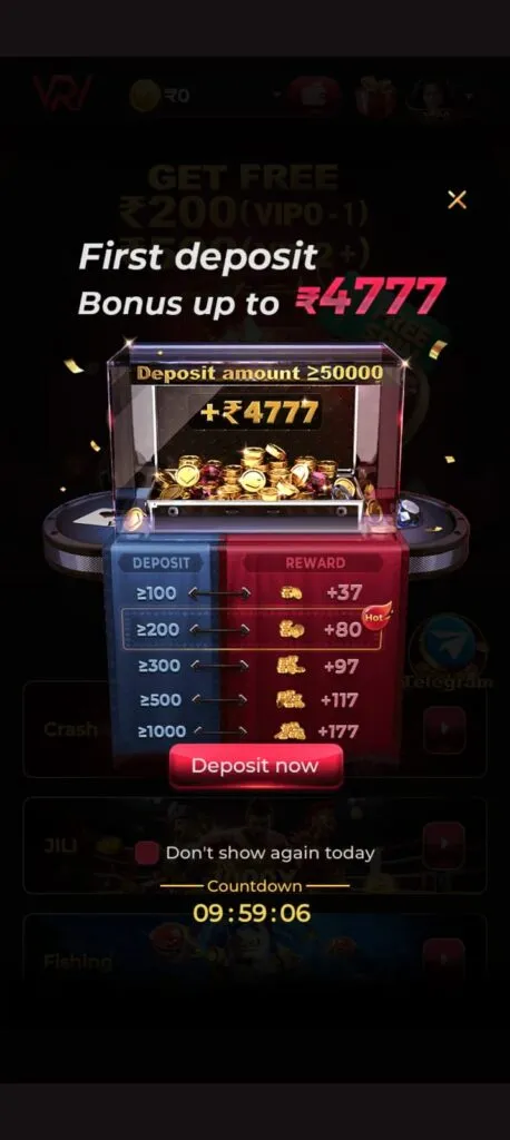 Rajwin online gaming app interface with live game features and bonus section
