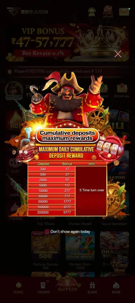 RR9 real cash game interface with live rewards and bonus features
