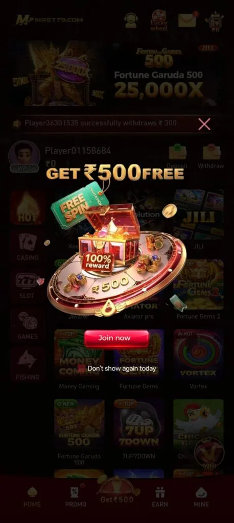 Mast79 mobile app showing online game platform dashboard