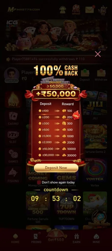 Mast79 online gaming app interface on Android mobile device