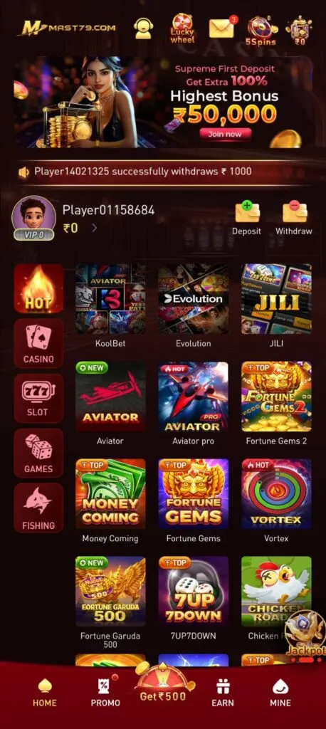 Mast79 APK download page with login and bonus options